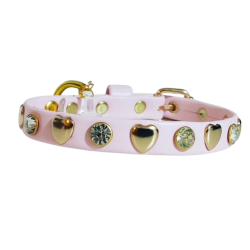 Collare per cani di lusso con borchie a cuore e strass rosa