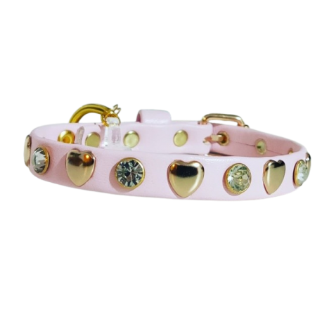 Collare per cani di lusso con borchie a cuore e strass rosa